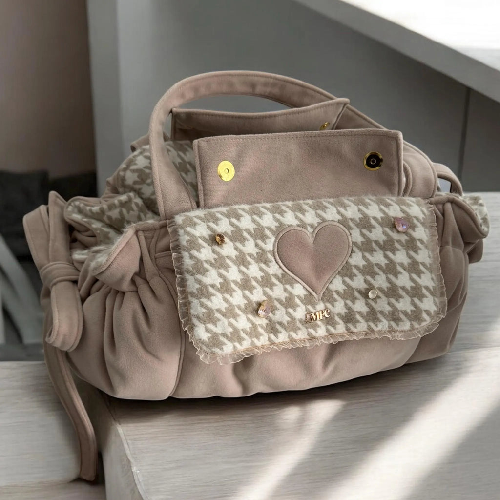 Beige Velvet & Houndstooth Dog Carrier