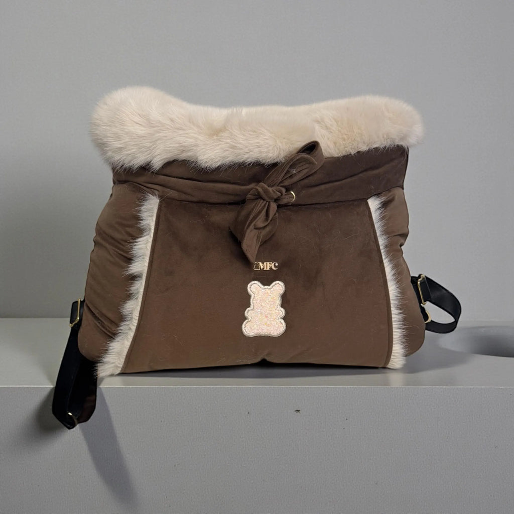 Brown Velvet & Pink Eco-Fur Dog Carrier