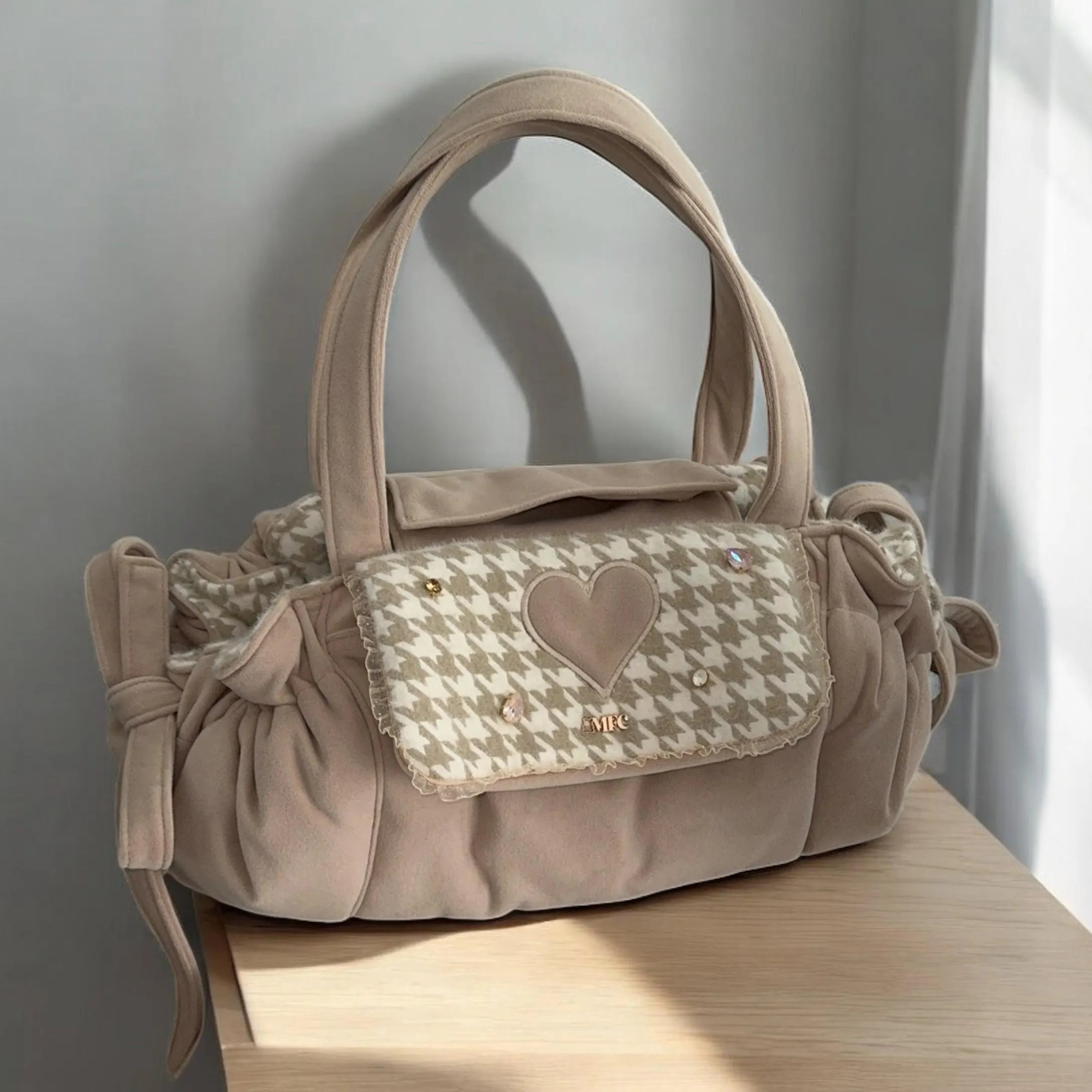 Beige Velvet & Houndstooth Dog Carrier