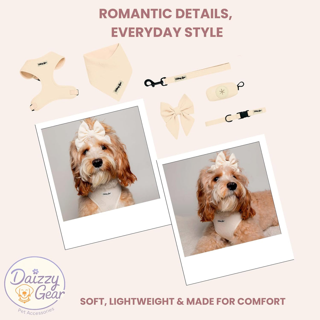 Signature Pink Hearts Luxury Walk Set — Large Harness, Leash, Collar, Bandana & Bow