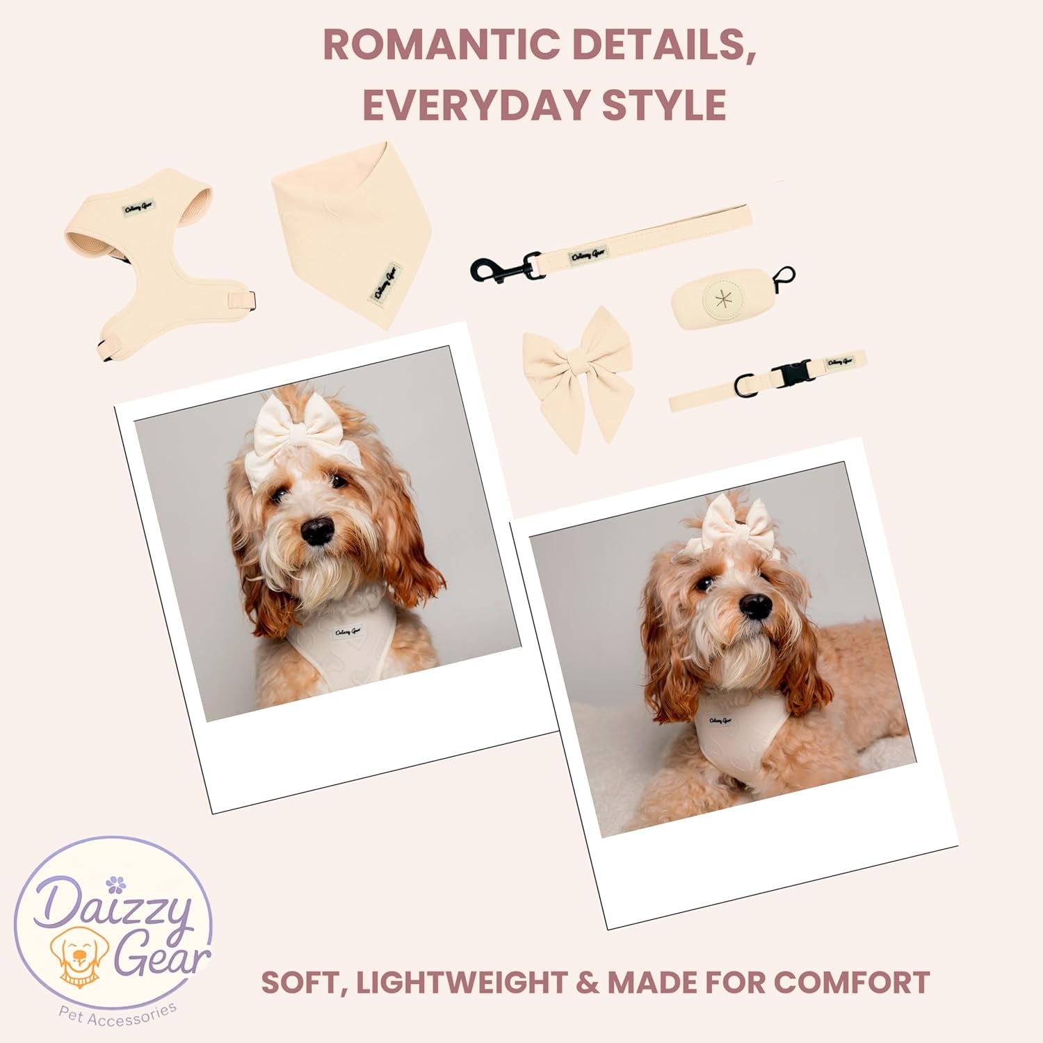 Signature Pink Hearts Luxury Walk Set — Large Harness, Leash, Collar, Bandana & Bow