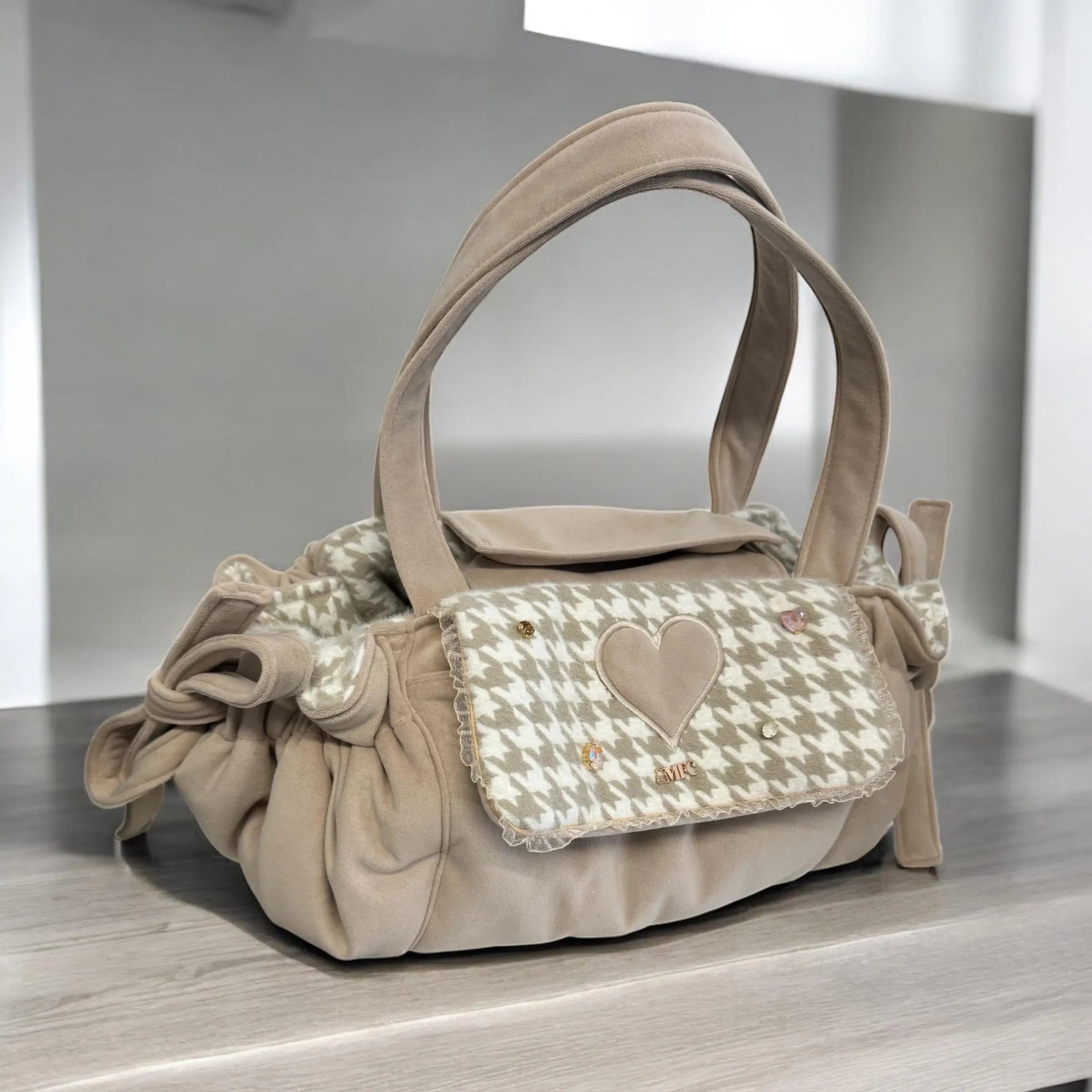 Beige Velvet & Houndstooth Dog Carrier