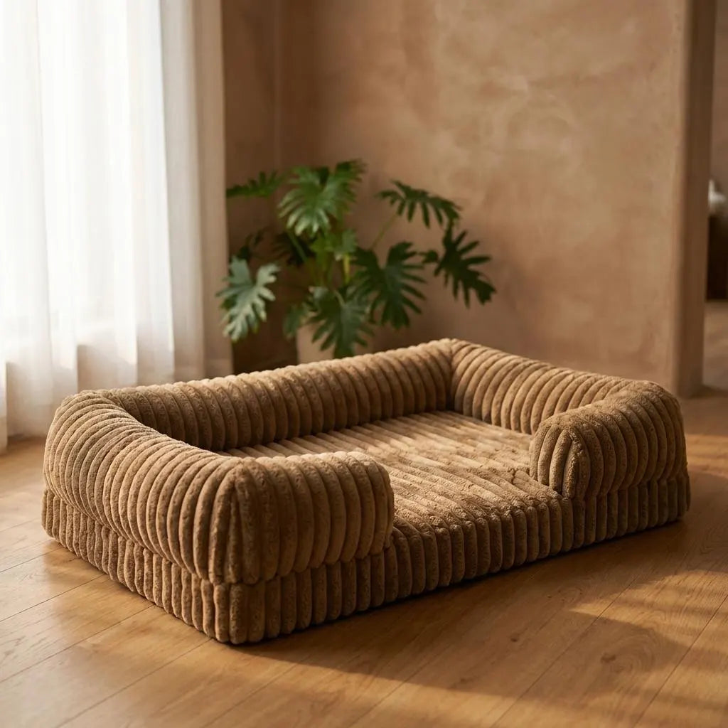 Ribbed Plush Dog Sofa Bed, Orthopedic Calming Pet Bed, Washable Cat Couch for Small Medium Large Dogs