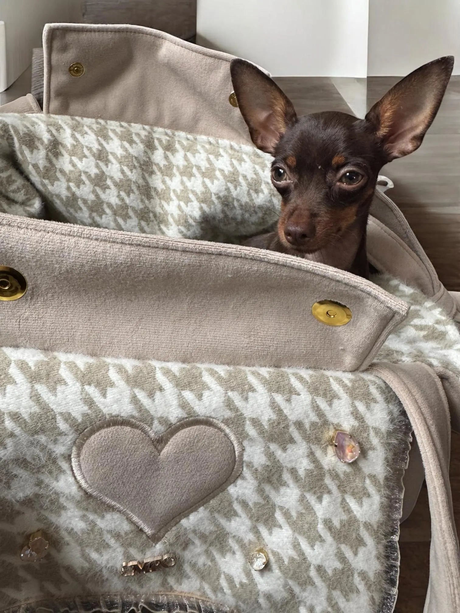 Beige Velvet & Houndstooth Dog Carrier