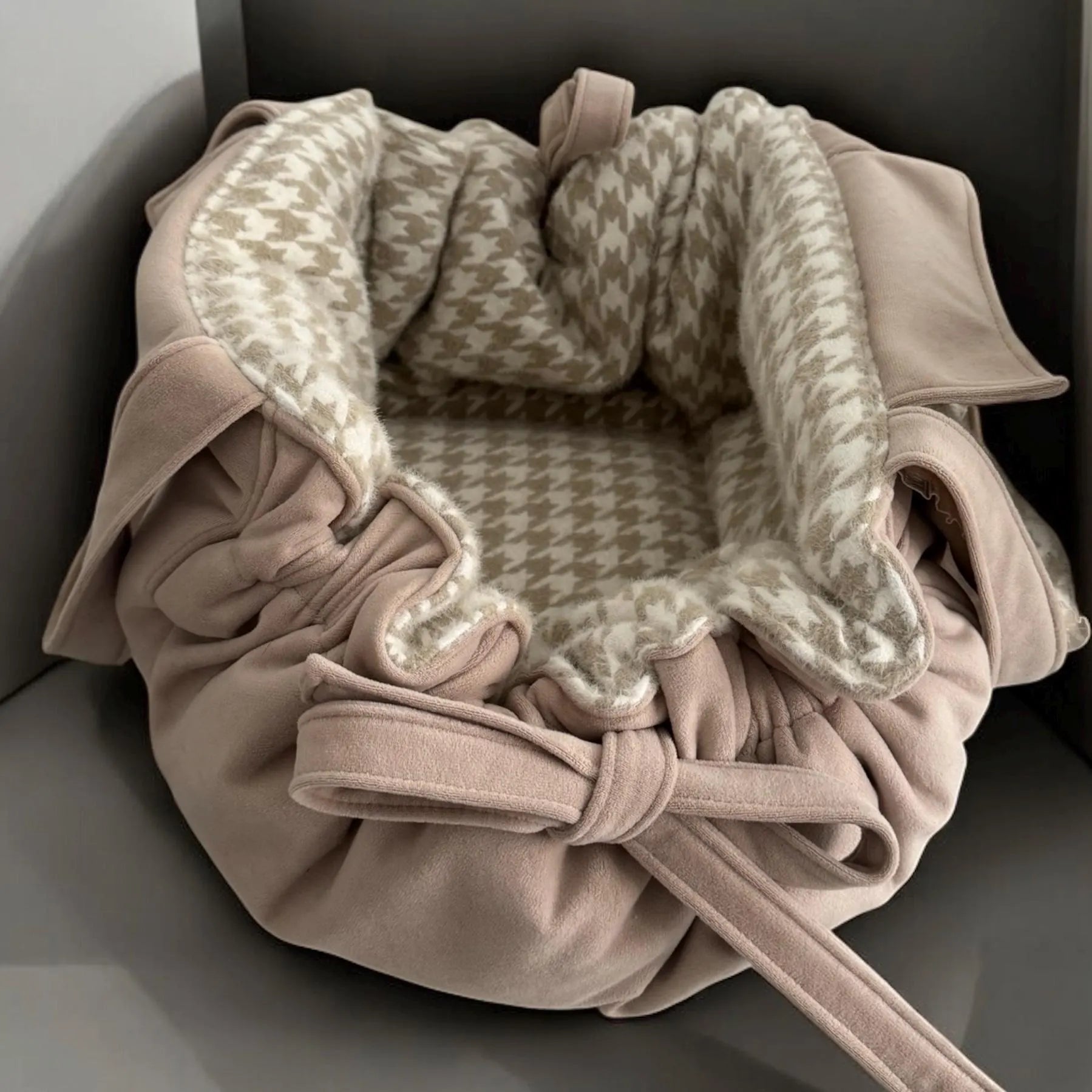 Beige Velvet & Houndstooth Dog Carrier