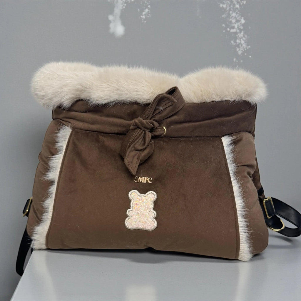 Brown Velvet & Pink Eco-Fur Dog Carrier