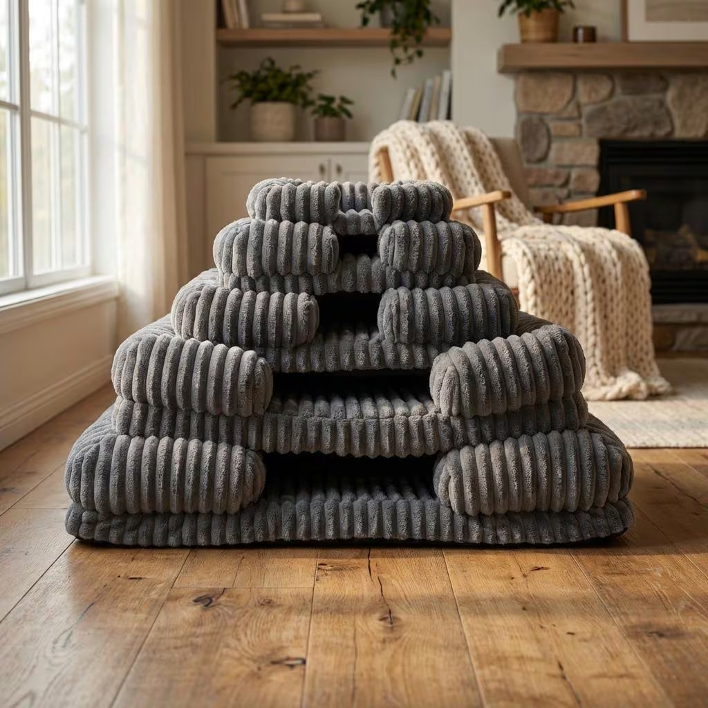 Ribbed Plush Dog Sofa Bed, Orthopedic Calming Pet Bed, Washable Cat Couch for Small Medium Large Dogs