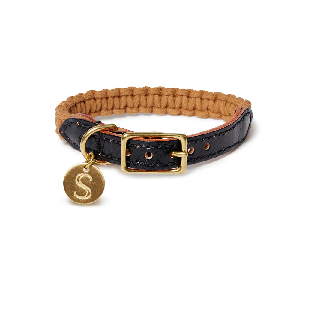 Macramé/Leather Dog Collar - Biscuit