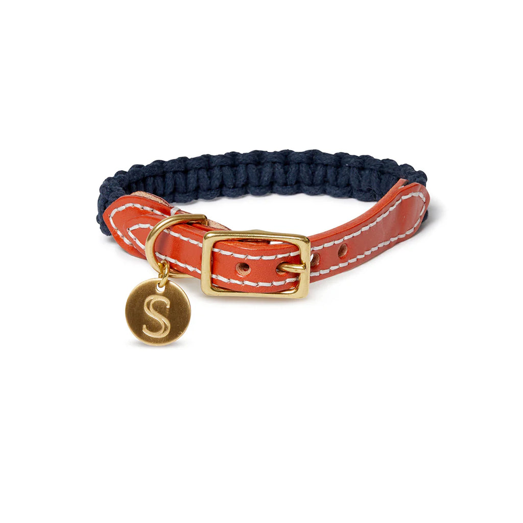 Macramé/Leather Dog Collar - Orange/Indigo