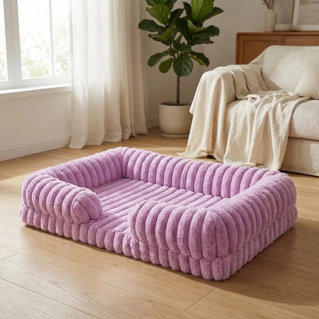 Ribbed Plush Dog Sofa Bed, Orthopedic Calming Pet Bed, Washable Cat Couch for Small Medium Large Dogs