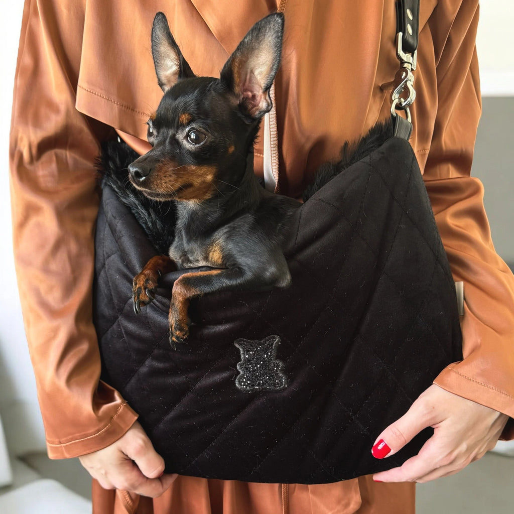 Luxury Black Velvet Dog Carrier with Shoulder Strap