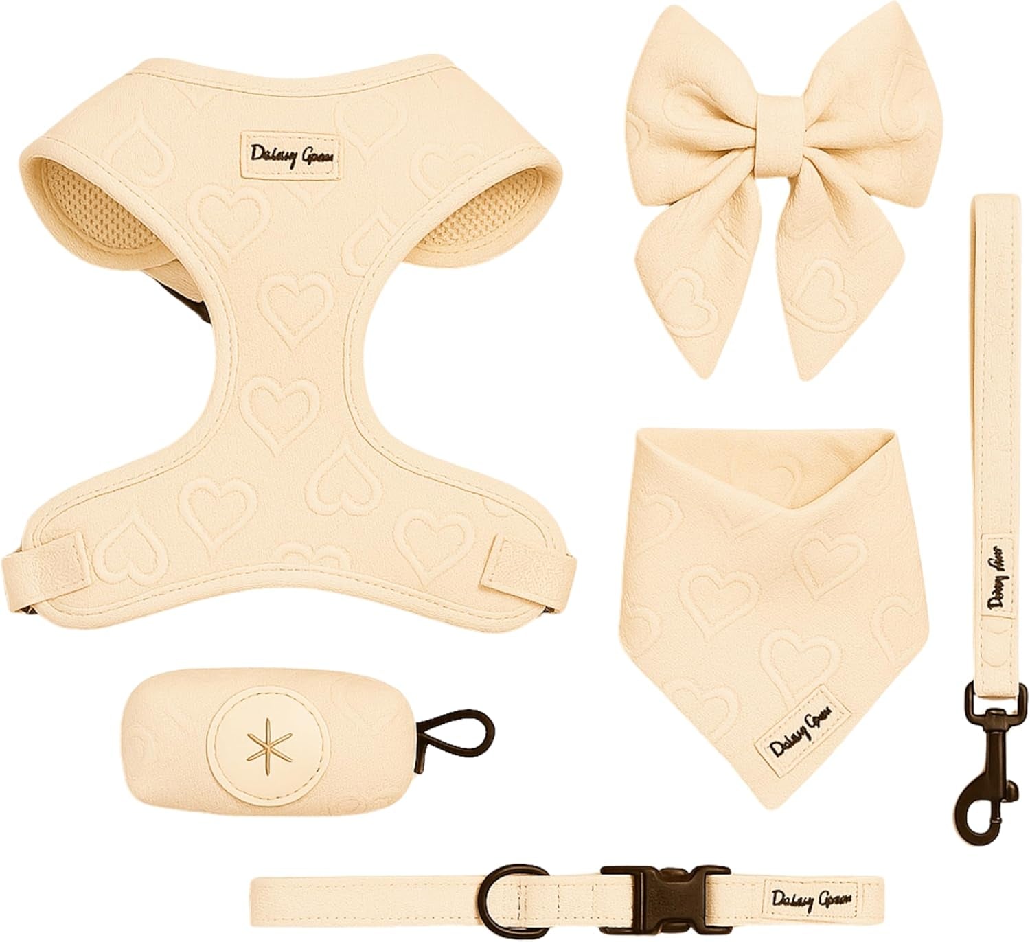Signature Pink Hearts Luxury Walk Set — Large Harness, Leash, Collar, Bandana & Bow