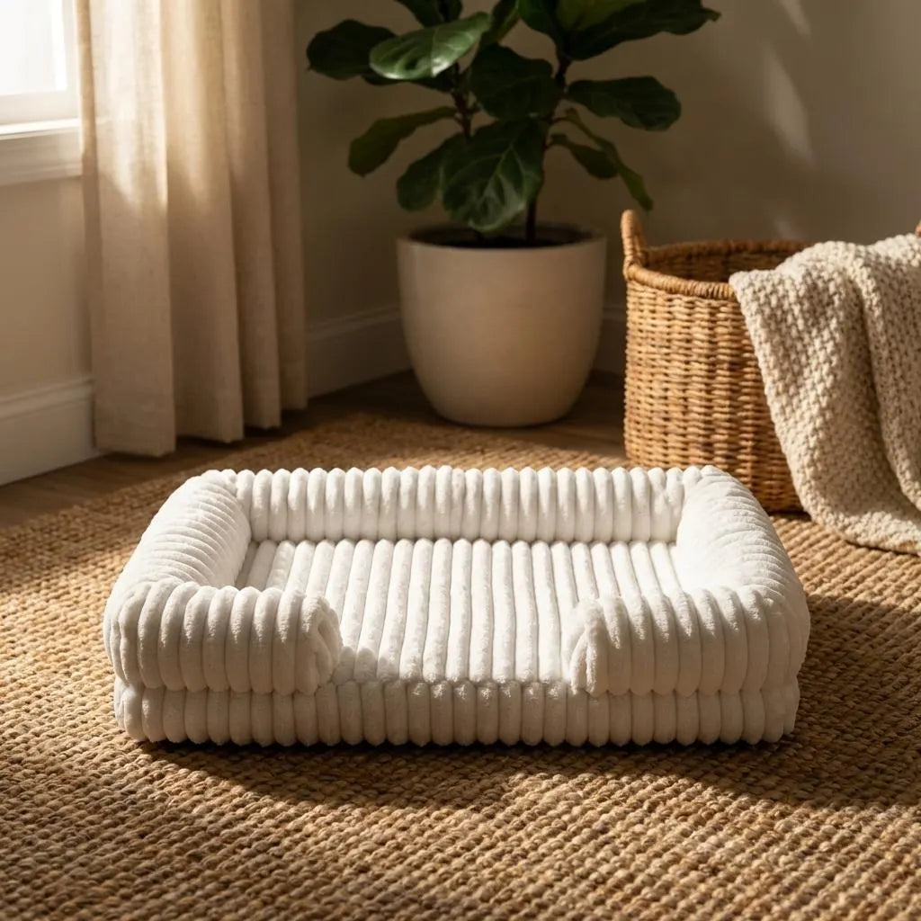 Ribbed Plush Dog Sofa Bed, Orthopedic Calming Pet Bed, Washable Cat Couch for Small Medium Large Dogs