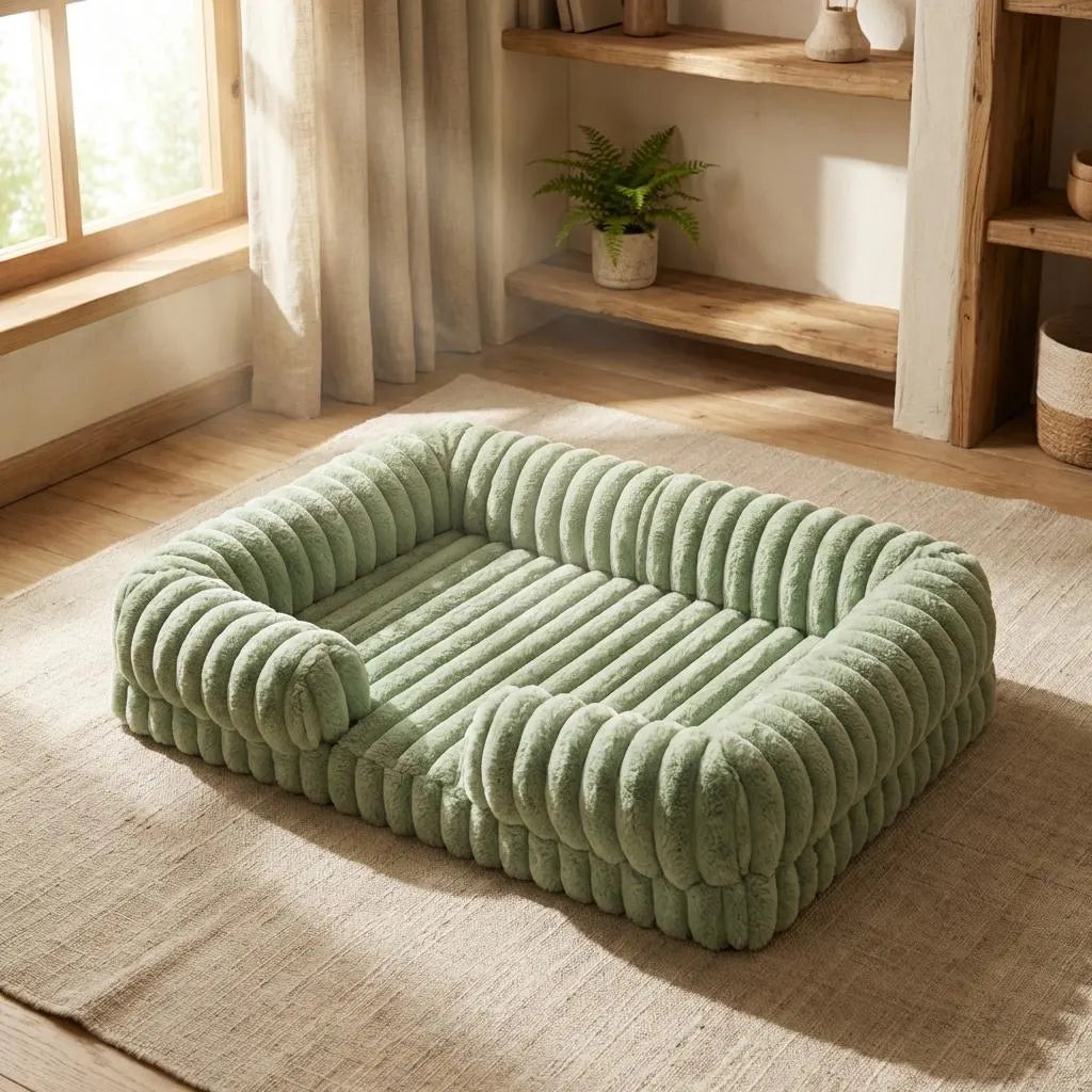 Ribbed Plush Dog Sofa Bed, Orthopedic Calming Pet Bed, Washable Cat Couch for Small Medium Large Dogs