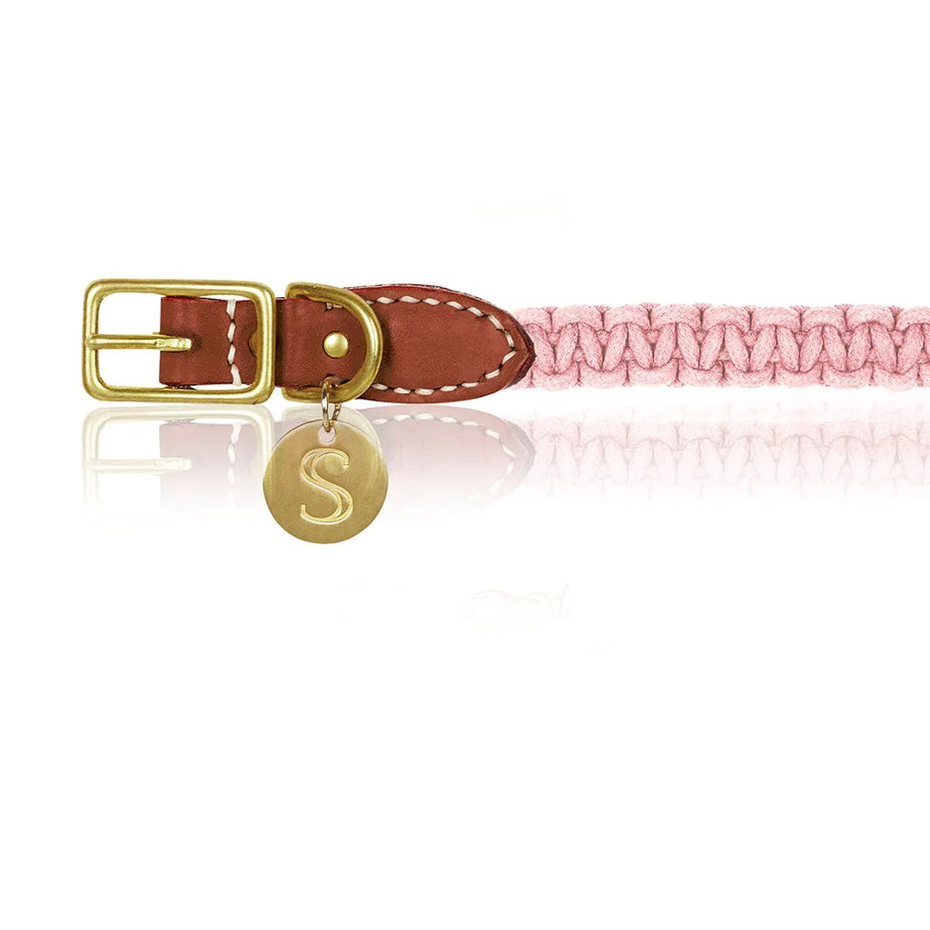 Macramé/Leather Dog Collar - Cognac/Pink