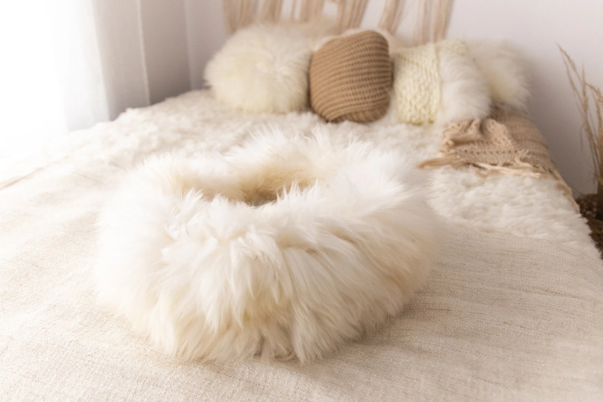 Merino Sheepskin Pet Bed , Cat Cave , Dog Bed , Cat House ,Pet Furniture Hand Made - Genuine Real Sheepskin - Creamy White