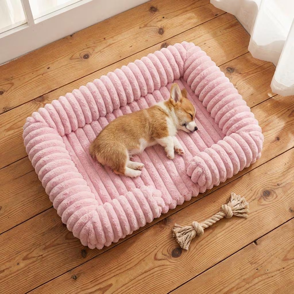 Ribbed Plush Dog Sofa Bed, Orthopedic Calming Pet Bed, Washable Cat Couch for Small Medium Large Dogs